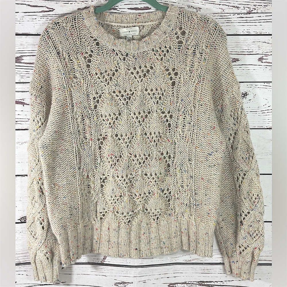 Lucky Brand Womens Wool Cream and Rainbow Heather Scoop Cable Knit Sweater XL